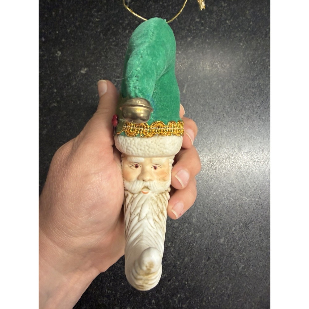 Vintage Set of 4 Porcelain Santa Face Christmas Ornaments Flocked Hats 5" - Picture 5 of 6